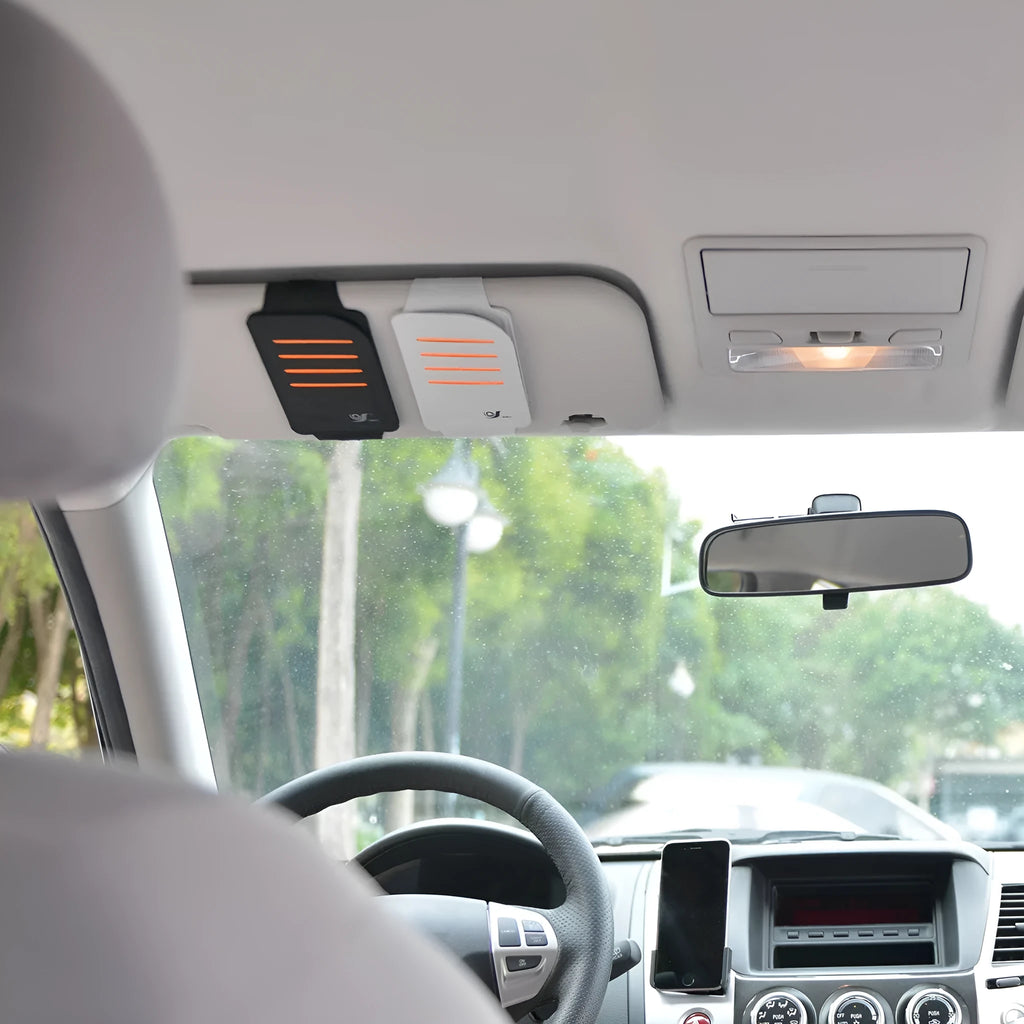 A pack of grey and black car sun visor shading panels with a vehicle-mounted storage bag.