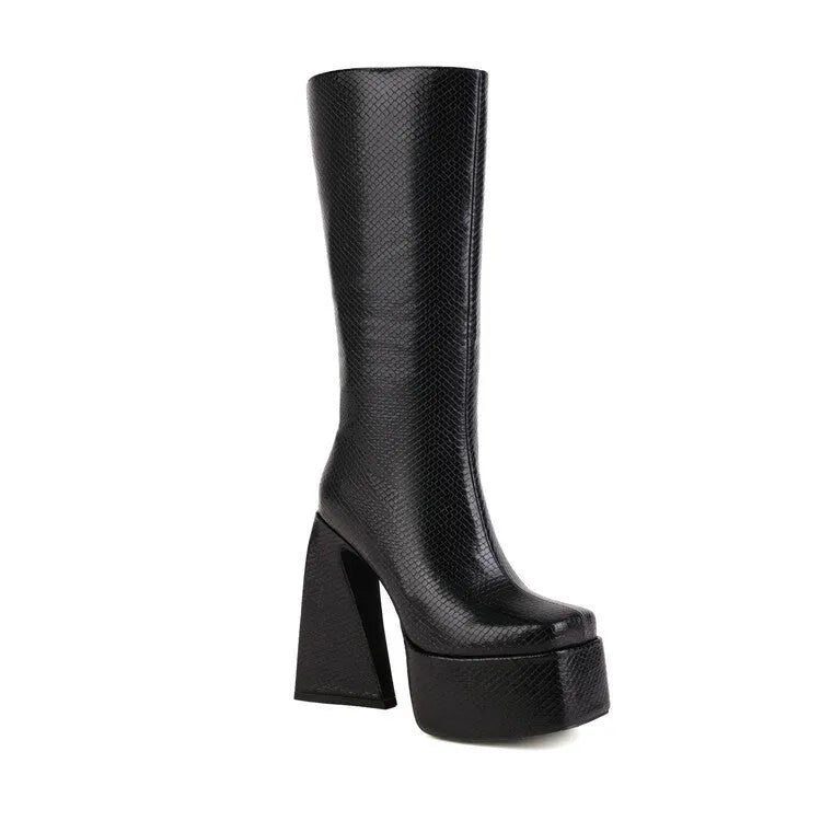 Women's black high boot with a casual style and PU upper, shown from the side.