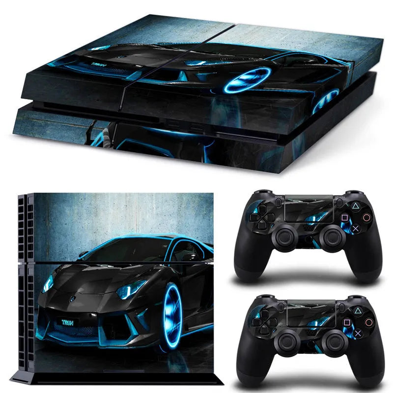PS4 game console protective film on a console, showing ultra-thin PVC material and high-definition style options.