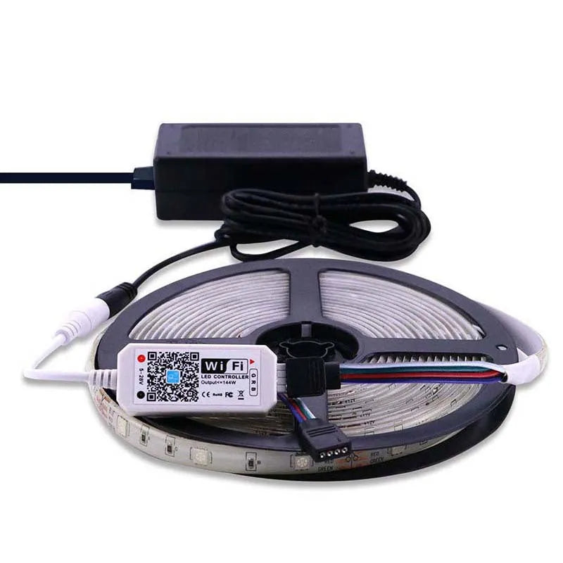 White WiFi LED light strip controller with Magic Home Pro app for smartphone control