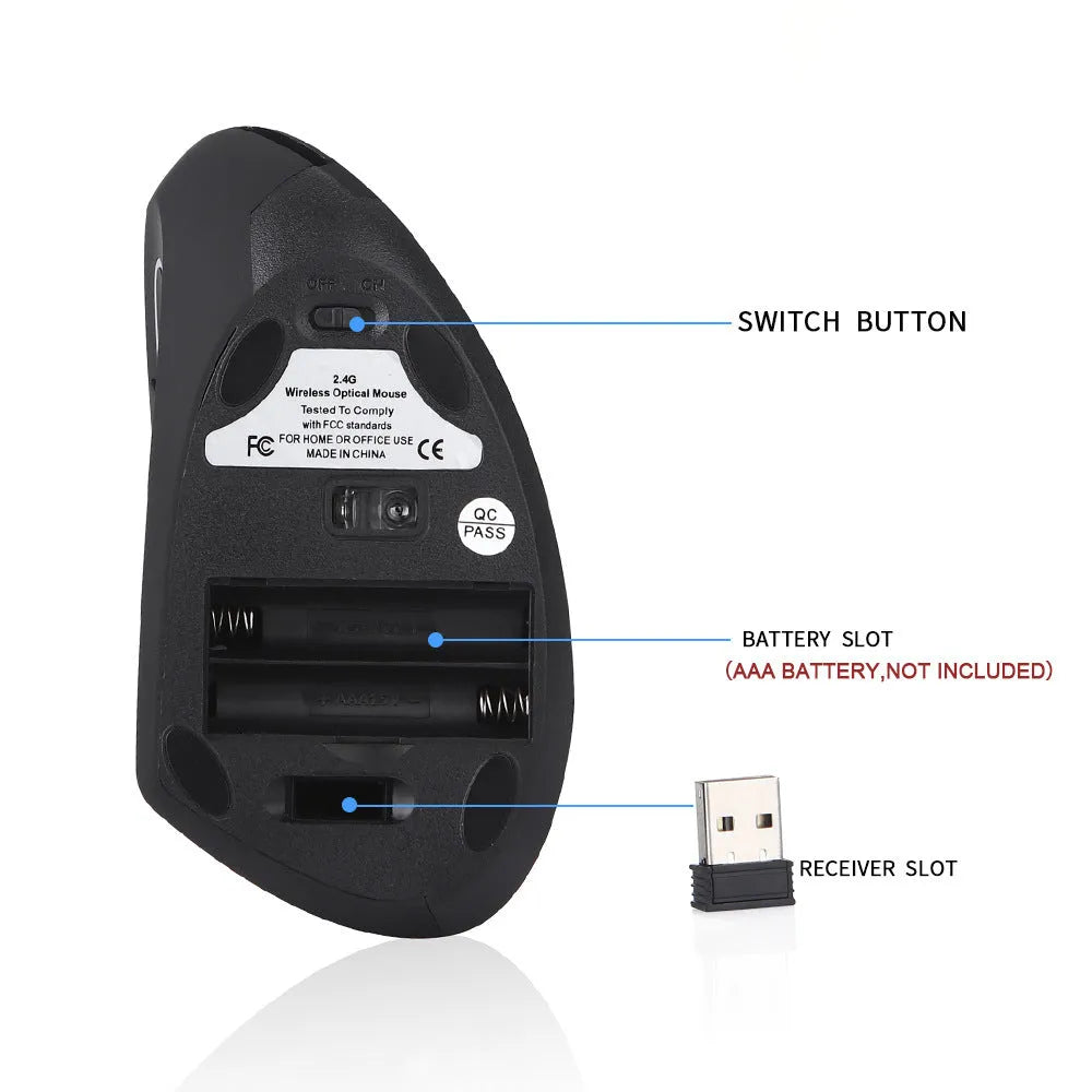 Wireless vertical left hand mouse in black with ergonomic design and thumb buttons