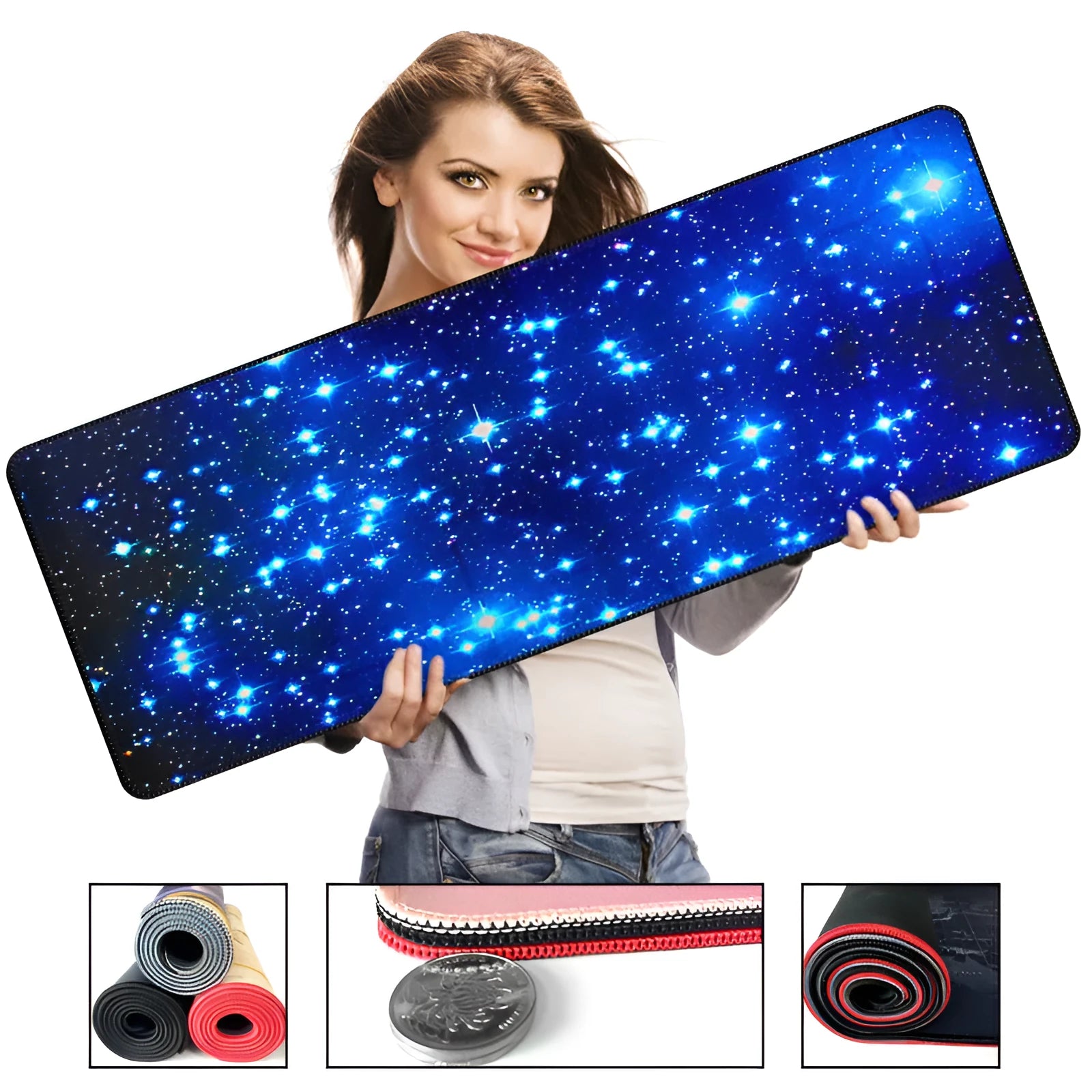 Blue star mouse pad with high-density fabric surface and anti-skid natural rubber base on a desk