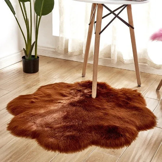 Artificial woolen floral sheepskin hairy plush carpet rug in beige colour, 60x60 cm size, on a tiled floor