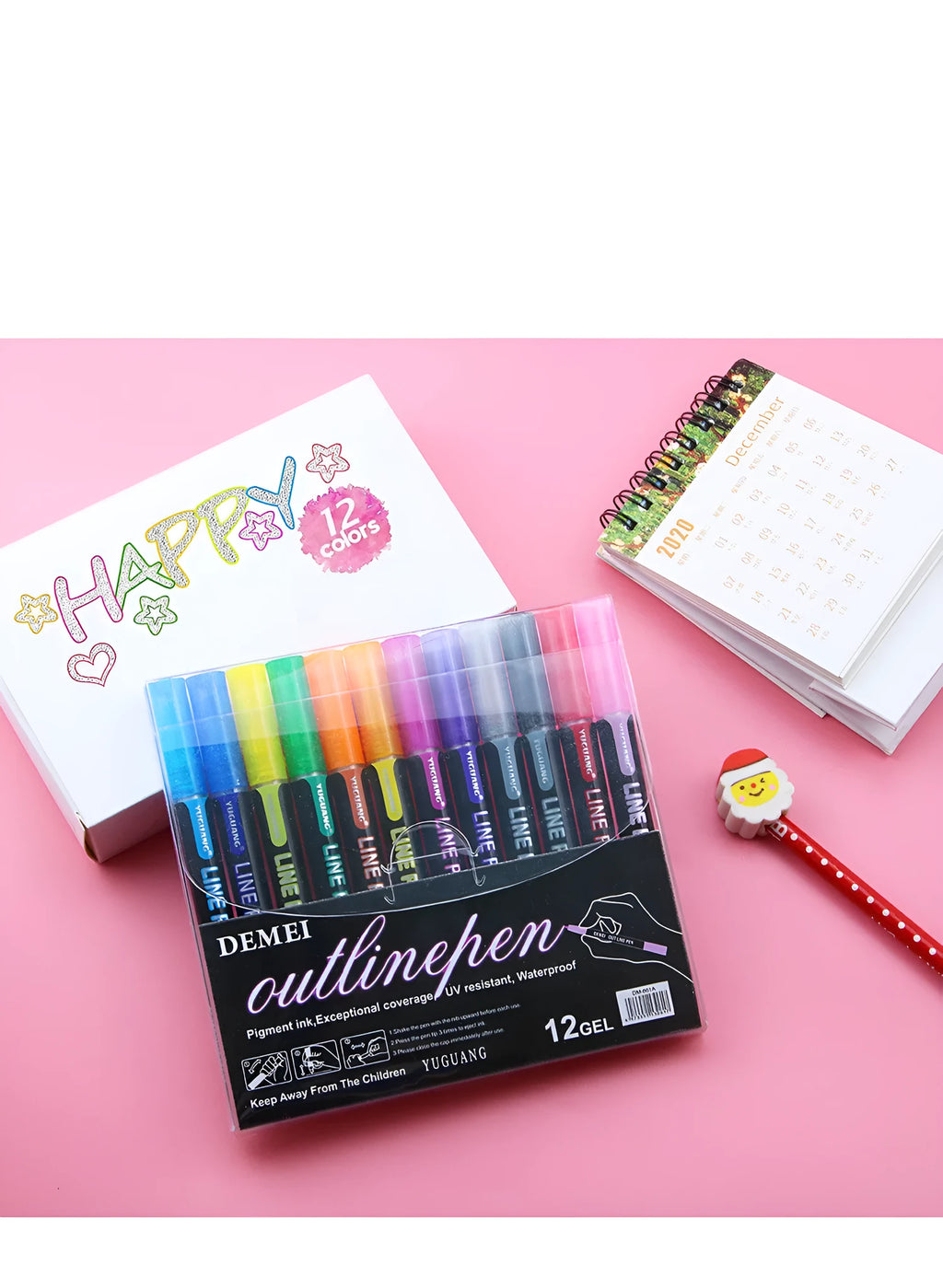 Set of 12 double line outline pens with metal bodies in assorted colours