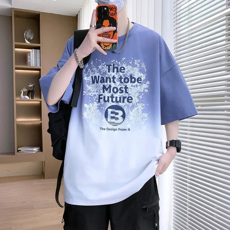 Boys dark blue t-shirt with white Jacquard printed letters and drop-shoulder short sleeves.