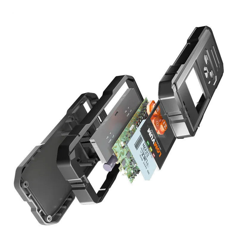 Handheld multifunctional wall detector for locating wires, metal pipes, and wooden studs behind walls.