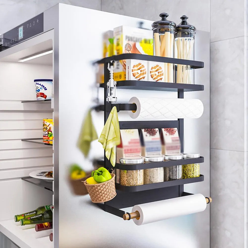 Magnetic wall-mounted kitchen side shelf in black on refrigerator with quick-draining metal design