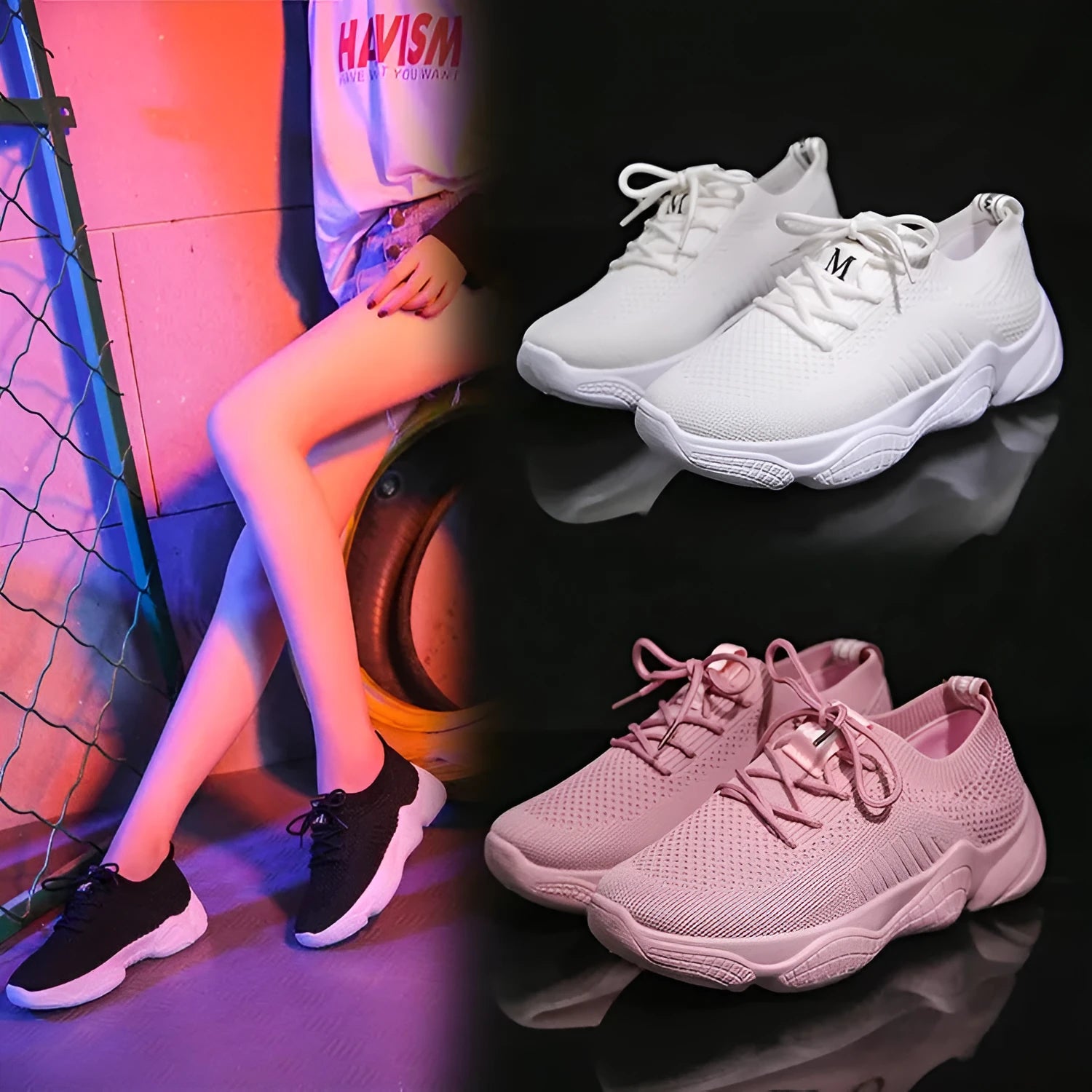 Women's white thick-soled sports shoe with woven upper and front strap