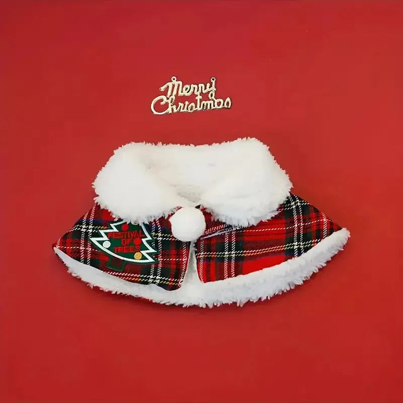 Red festive dog scarf with bell pattern tied around a pet's neck for Christmas.