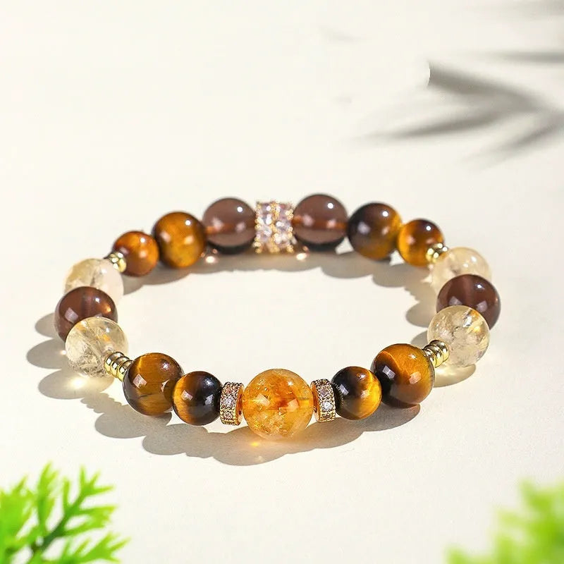 Natural citrine crystal string beads bracelet with 10mm yellow Asai tiger-eye and tower crystal beads for women