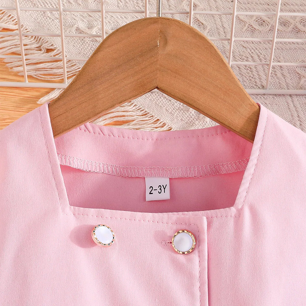 Girls' solid colour mesh sleeve top and bell-bottom trousers suit in polyester