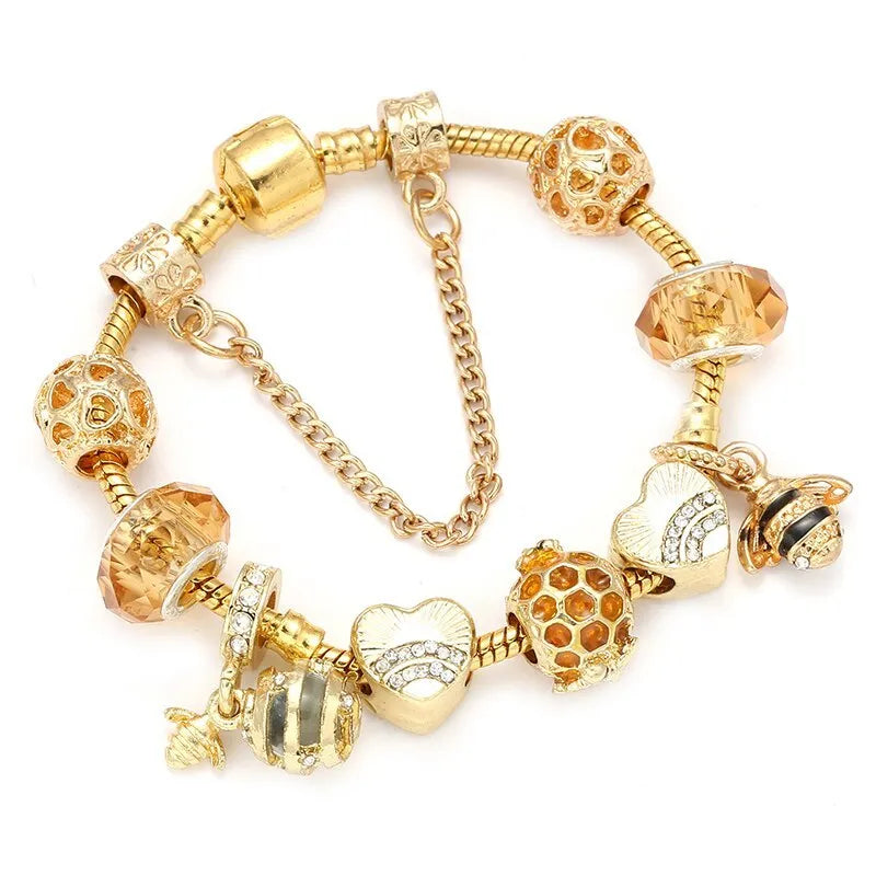 Gold-plated alloy bracelet with cartoon hardworking bee design for women, six length options from 16cm to 21cm