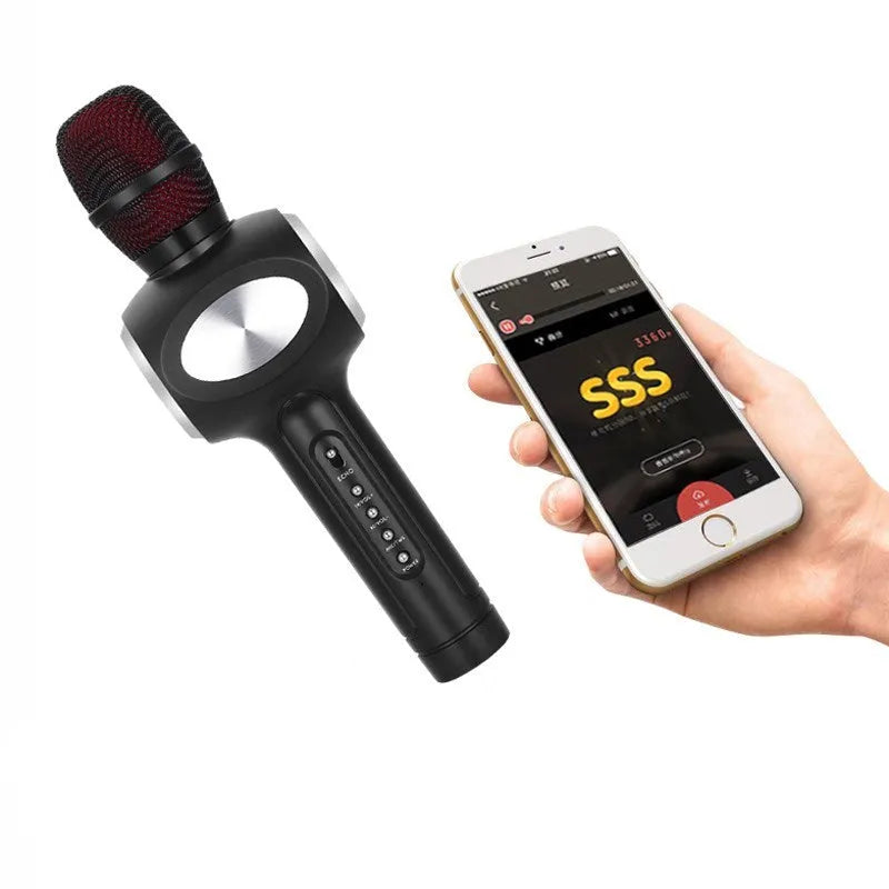 Yaerjia E108 mobile microphone in black, gold, or pink colours with capacitive pickup and echo effects