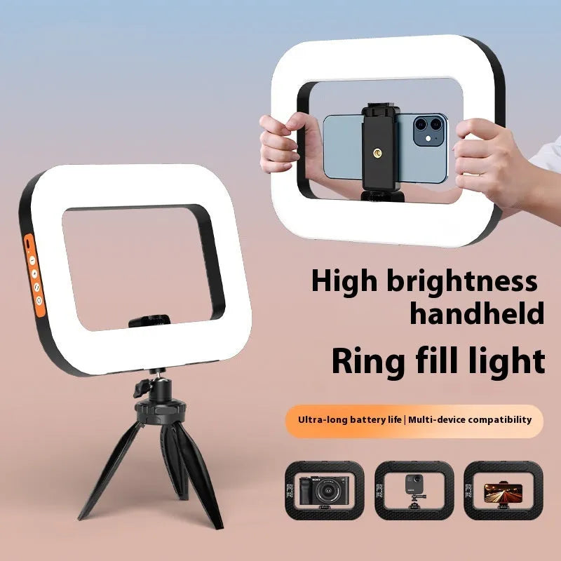 Rechargeable mobile phone fill-in light kit with adjustable colour temperature and desktop mounting bracket