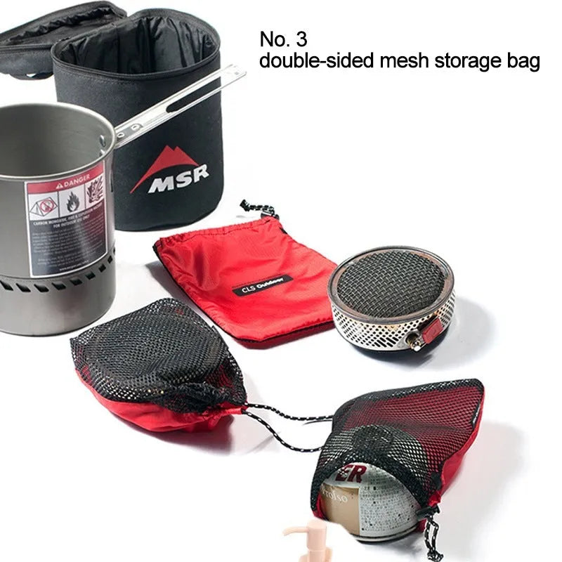 Set of five red outdoor storage bags with mesh panels and zipper closures made from 200D Oxford cloth