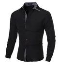 Men's business long sleeve shirt in Black or White, Asian sizes M to XXL with shoulder, bust, length and sleeve measurements.