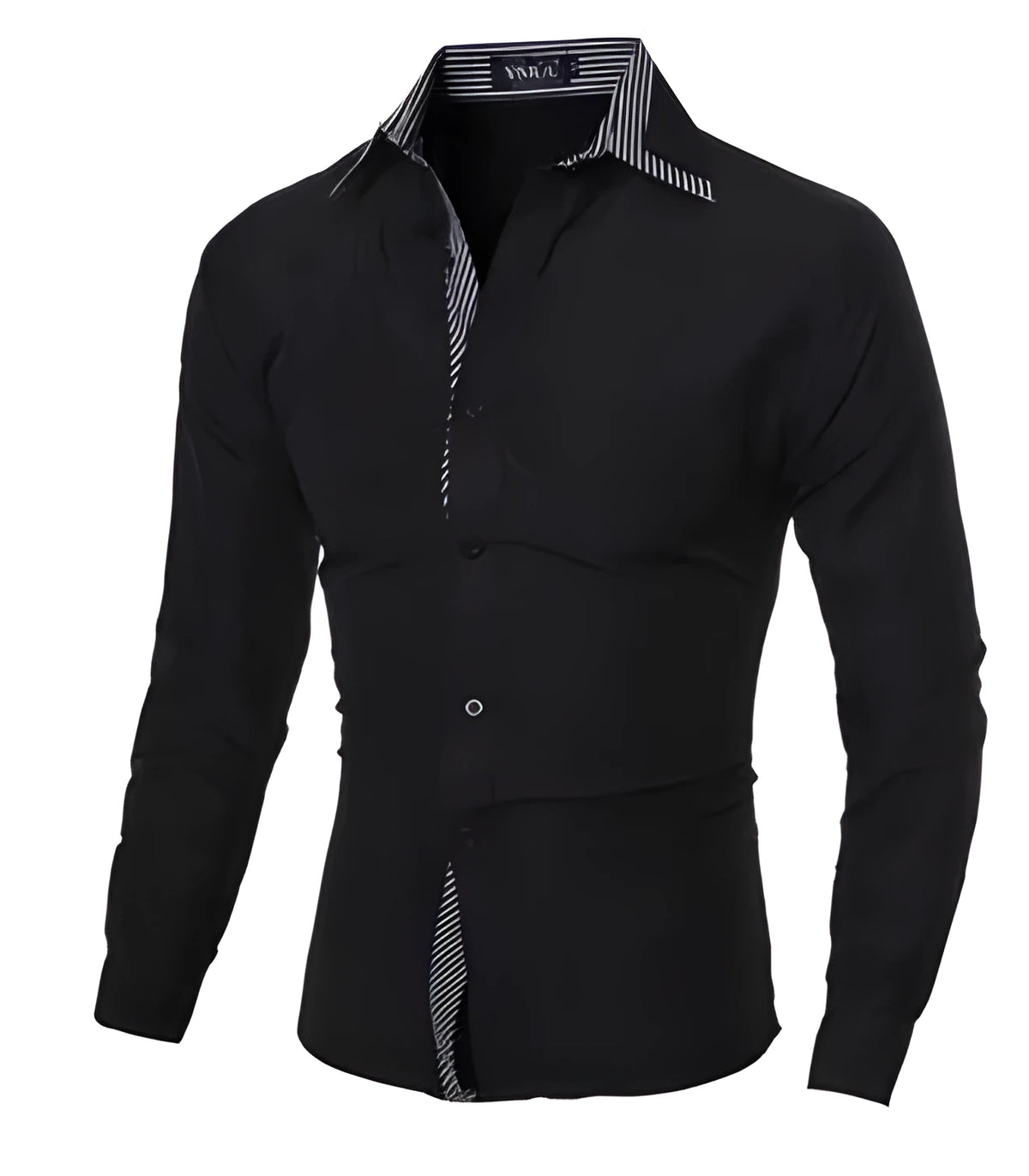 Men's business long sleeve shirt in Black or White, Asian sizes M to XXL with shoulder, bust, length and sleeve measurements.