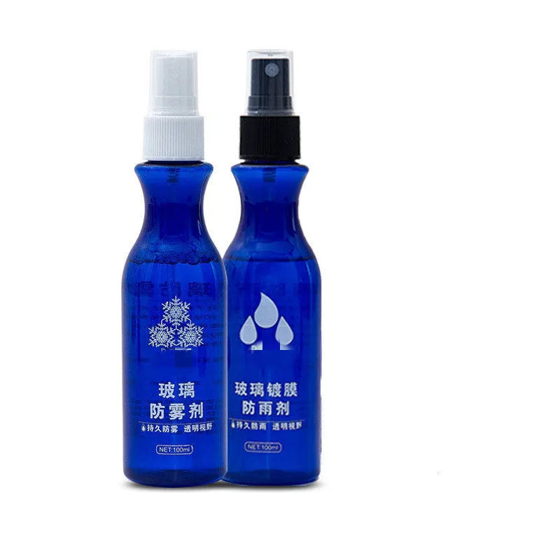 Blue 100 ml bottle of windshield liquid-spray anti-fog agent for car glass rain and mist removal