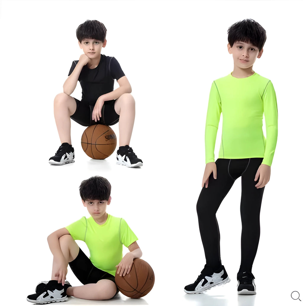 Children's sportswear set with polyester spandex athletic clothing in black and green colours