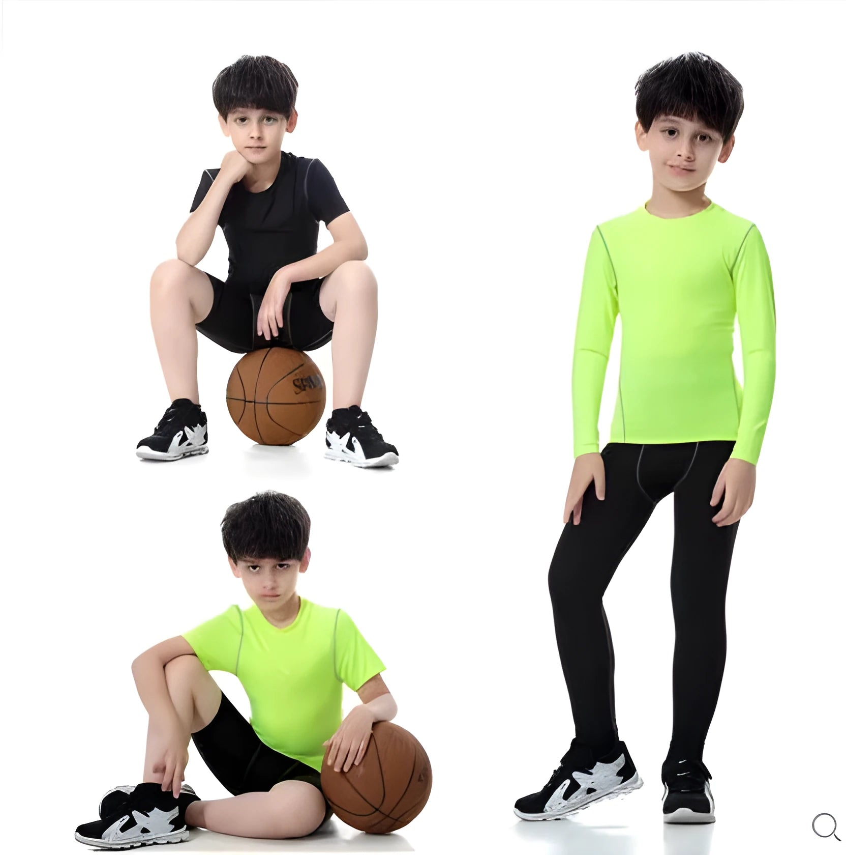 Children's sportswear set with polyester spandex athletic clothing in black and green colours
