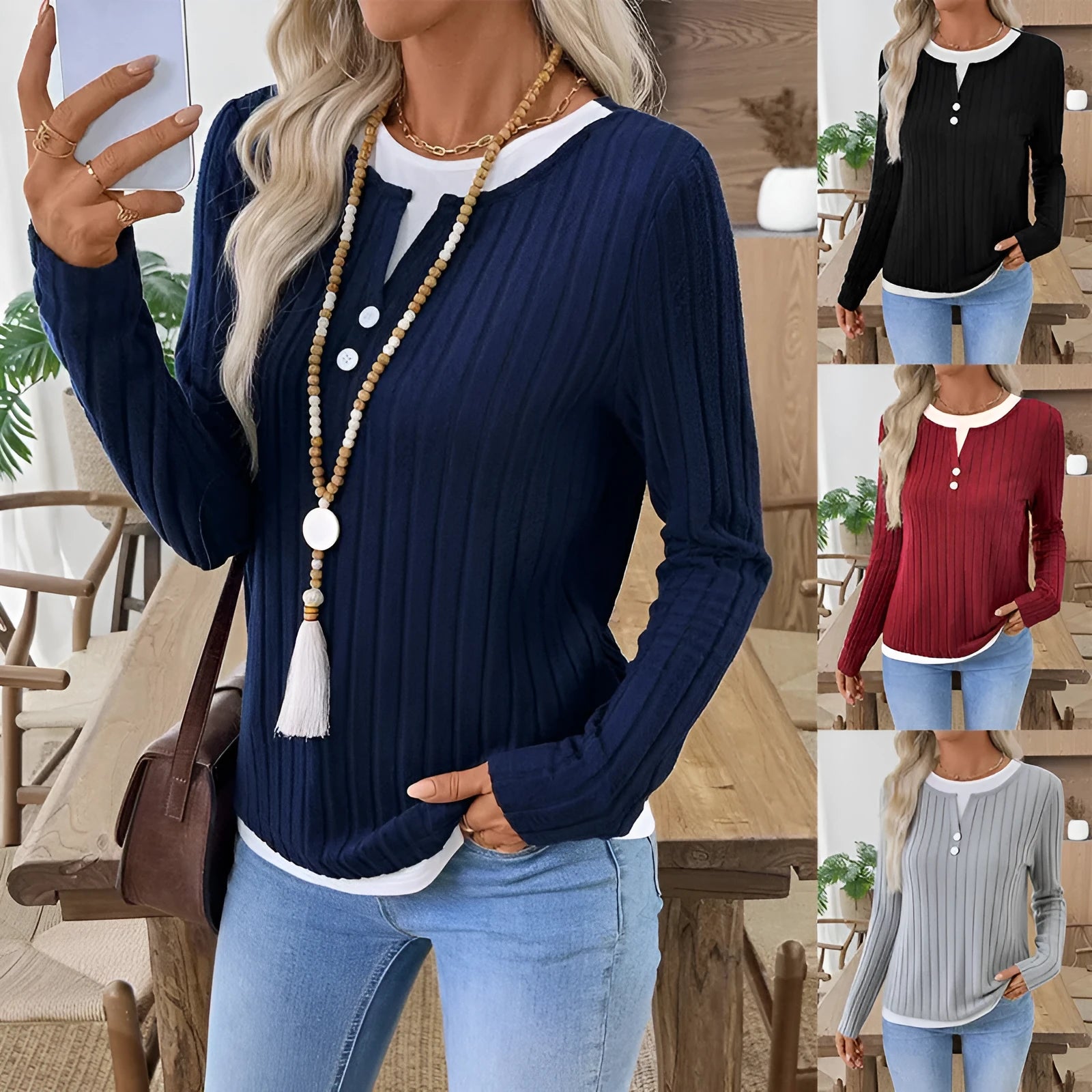 Women's solid colour button-front pullover sweater with a concave stripe texture pattern.