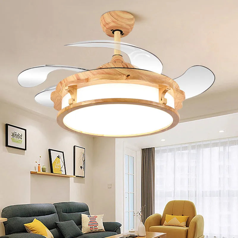 Japanese invisible ceiling fan lamp with wood lampshade, ABS blades, beige or yellow, 42 or 48 inch, 220V