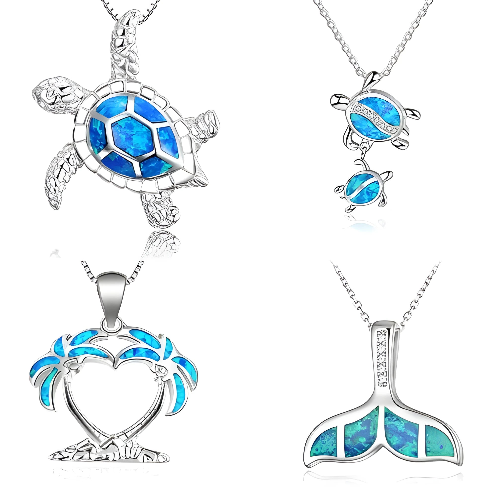 Silver filled blue opal sea turtle pendant necklace with vintage finish