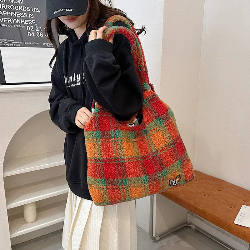 Women's plaid plush crossbody tote bag in orange, purple, or army green with shoulder strap