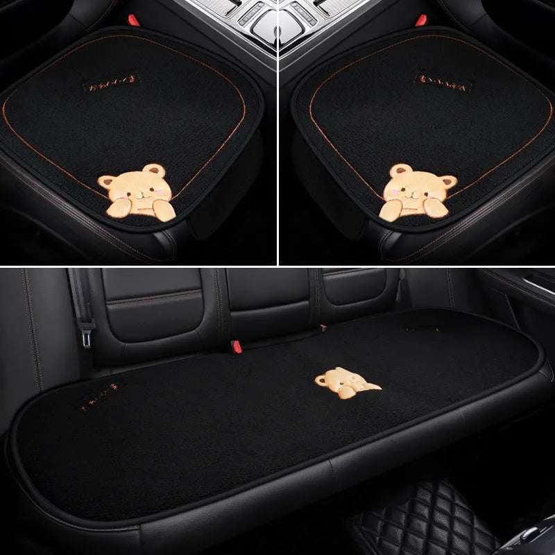 Trendy bear style car cushion three-piece set with square cushion and lumbar support in wool cotton winter filler