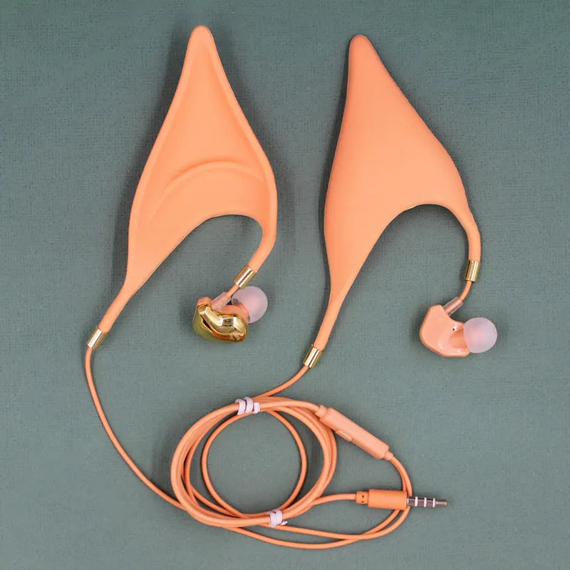 Cartoon elf ear headphones with microphone and 3.5mm cable in fantasy design