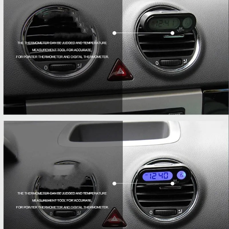 Black digital LED car clock and thermometer with adjustable mounting bracket on a dashboard.