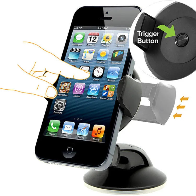 Black suction cup car phone holder holding a smartphone on car dashboard