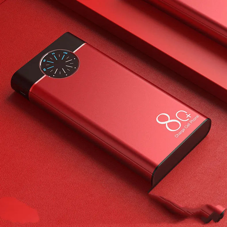 Black 20000mAh alloy portable power bank with LED flashlight showing size scale