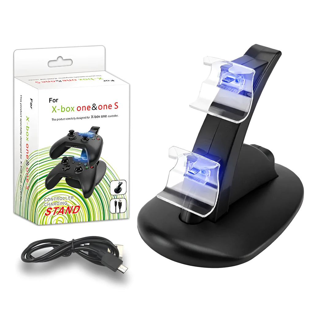 Black dual charging stand holding two Xbox One controllers upright for simultaneous USB charging.