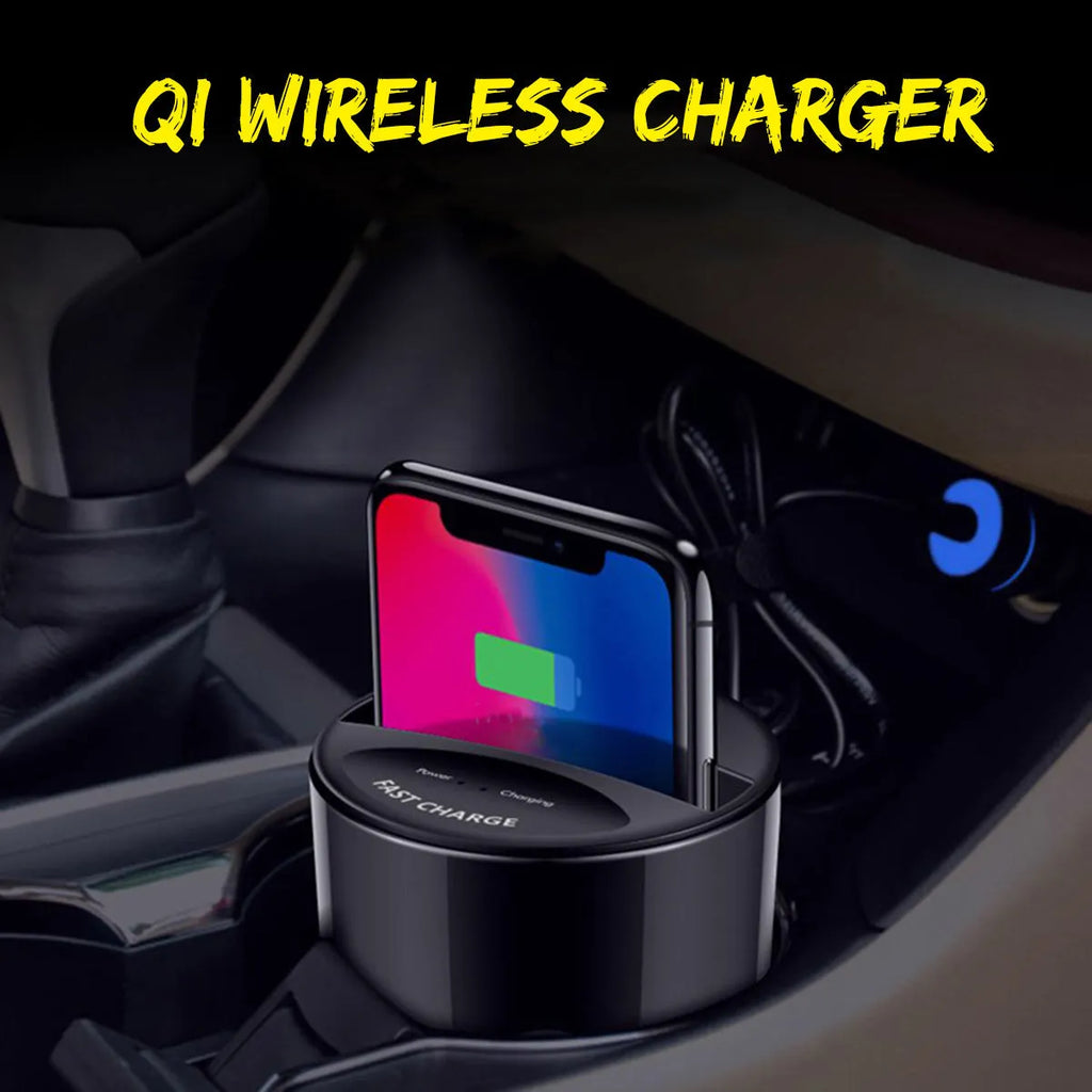 Black X9 car wireless charging cup and stand with Qi logo, showing USB and Type-C ports.