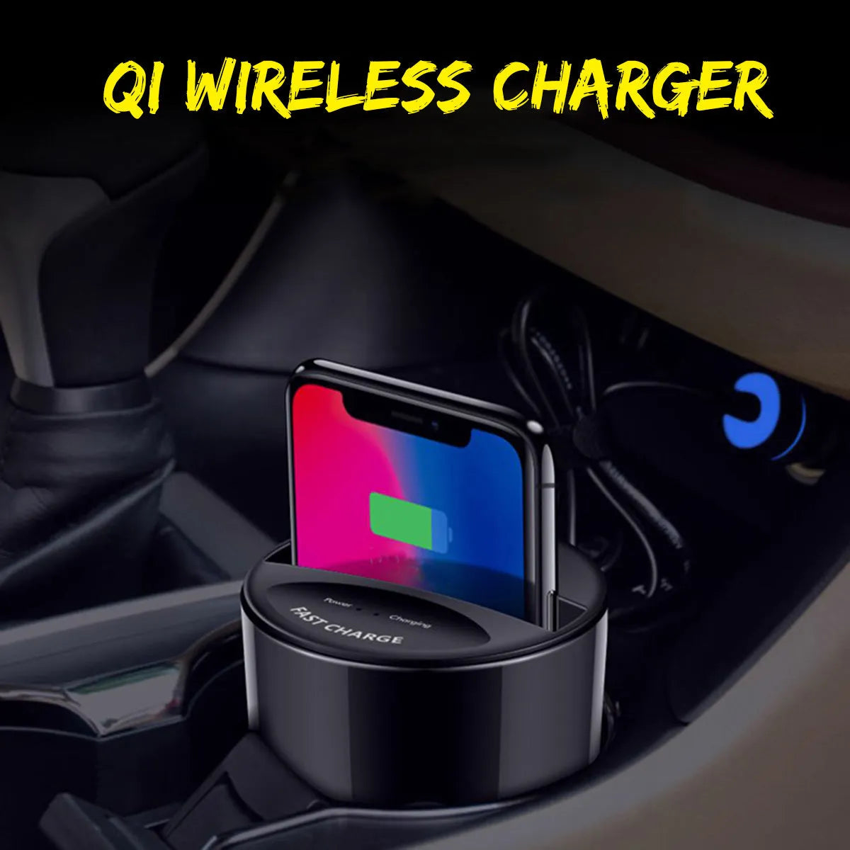 Black X9 car wireless charging cup and stand with Qi logo, showing USB and Type-C ports.