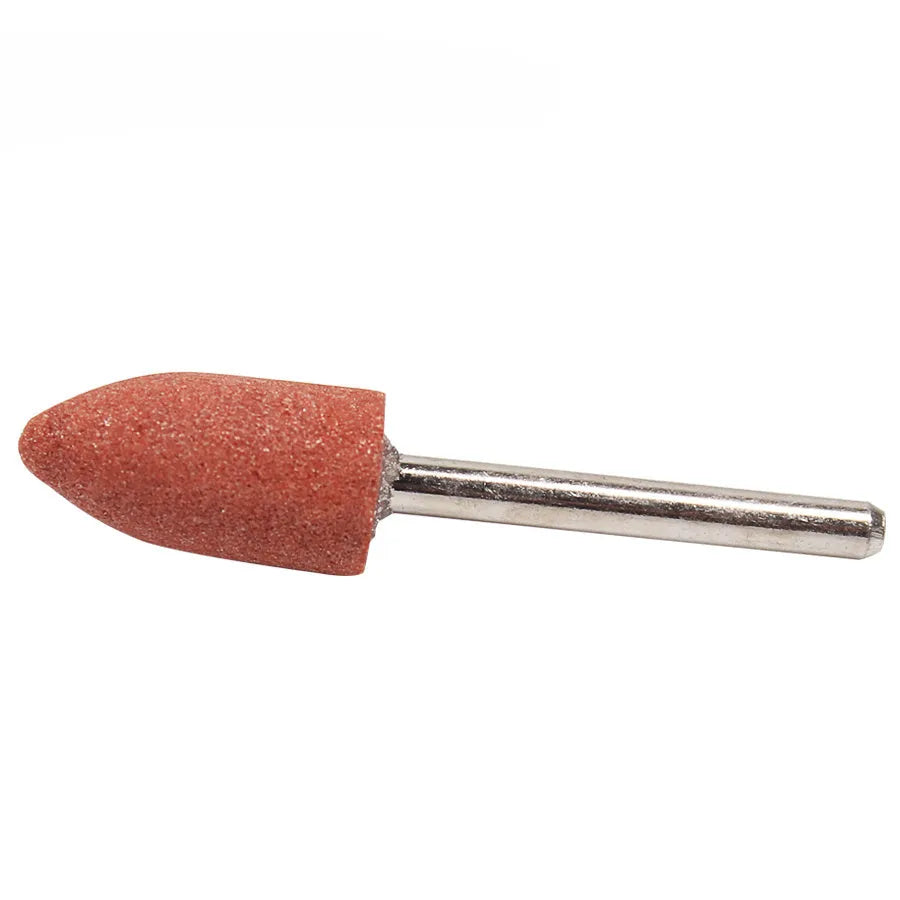 Electric grinding wheel set with five ceramic bond abrasive stone heads in small T, large T, cylinder, and cone shapes