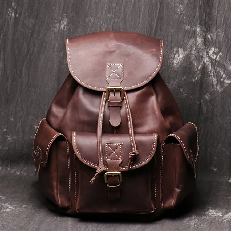 Women crazy horse leather backpack oval shape black brown drawstring buckle flap pockets first layer cowhide
