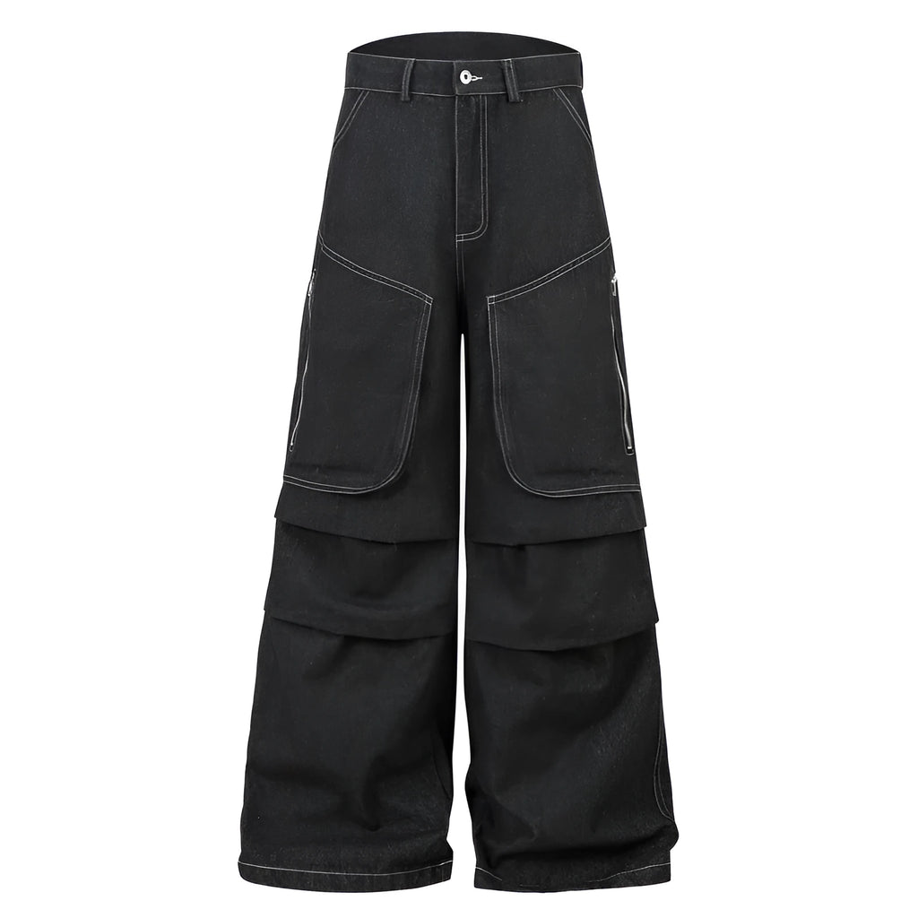 Black pleated workwear jeans with multiple pockets and mid waist design