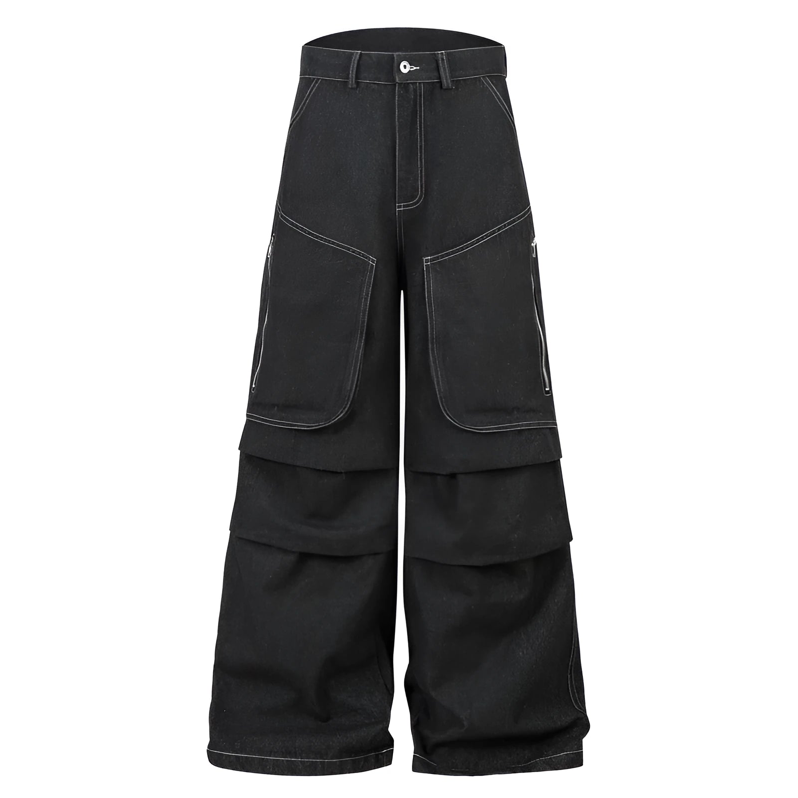 Black pleated workwear jeans with multiple pockets and mid waist design