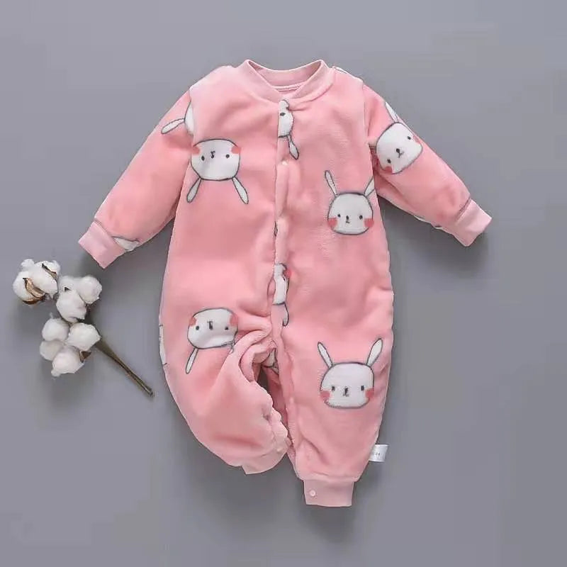 Long sleeve baby onesie romper in thicker flannel fabric with panda print design