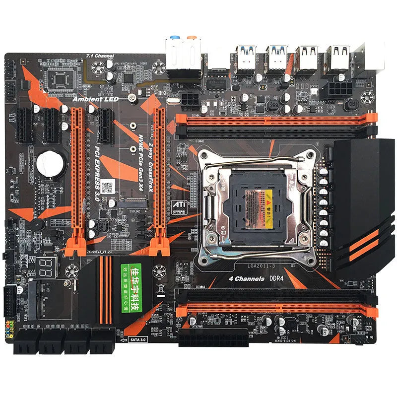 Black X99 ATX motherboard with LGA2011-3 socket, four DDR4 slots, PCI-E slots, and M.2 interface.