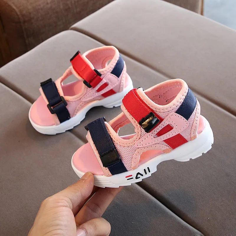 Toddler beach shoes with super fibre leather upper, rubber antiskid sole, Velcro fastening, black pink white, sizes 21-30