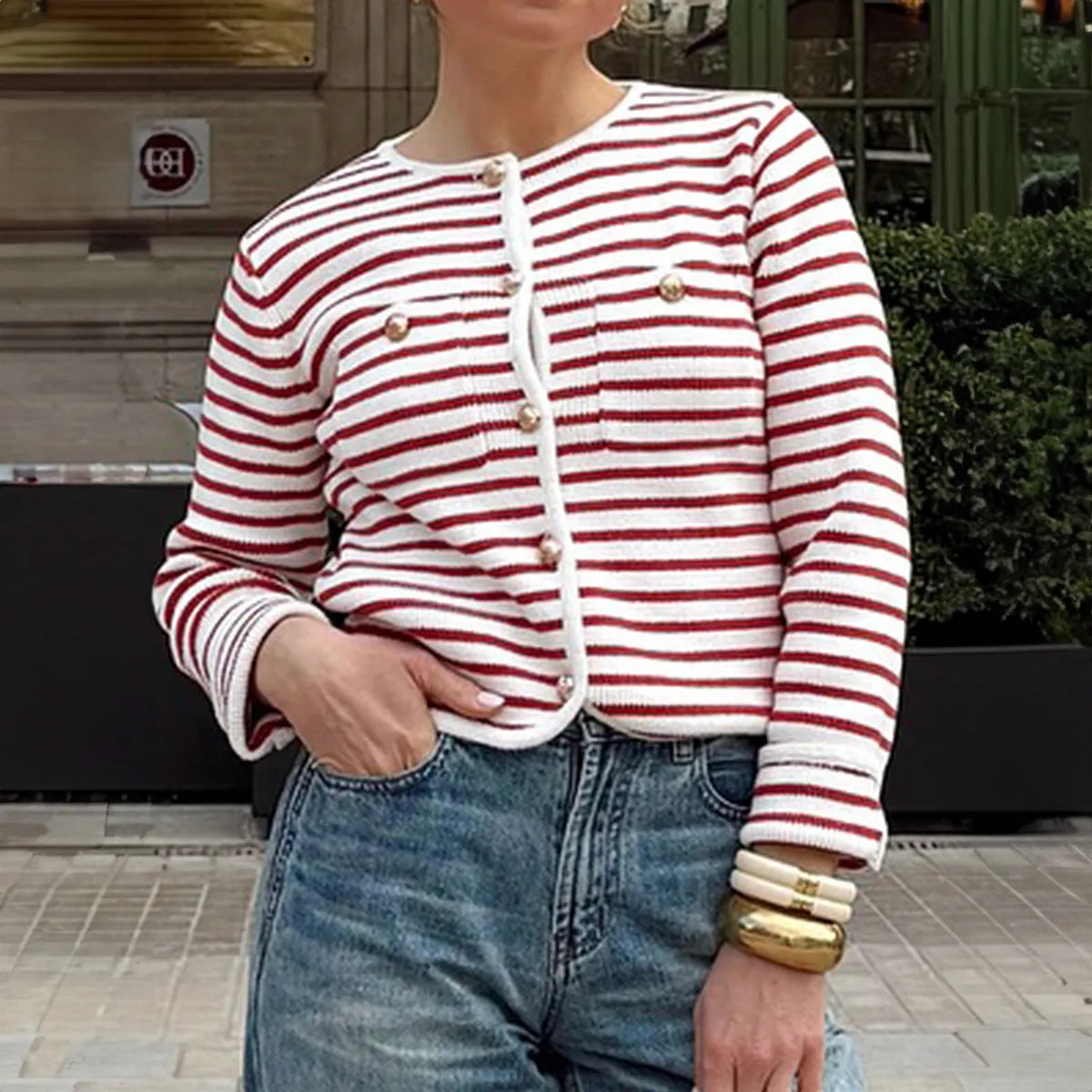 Red and white striped long sleeve button-down shirt in polyester, sizes S to XL