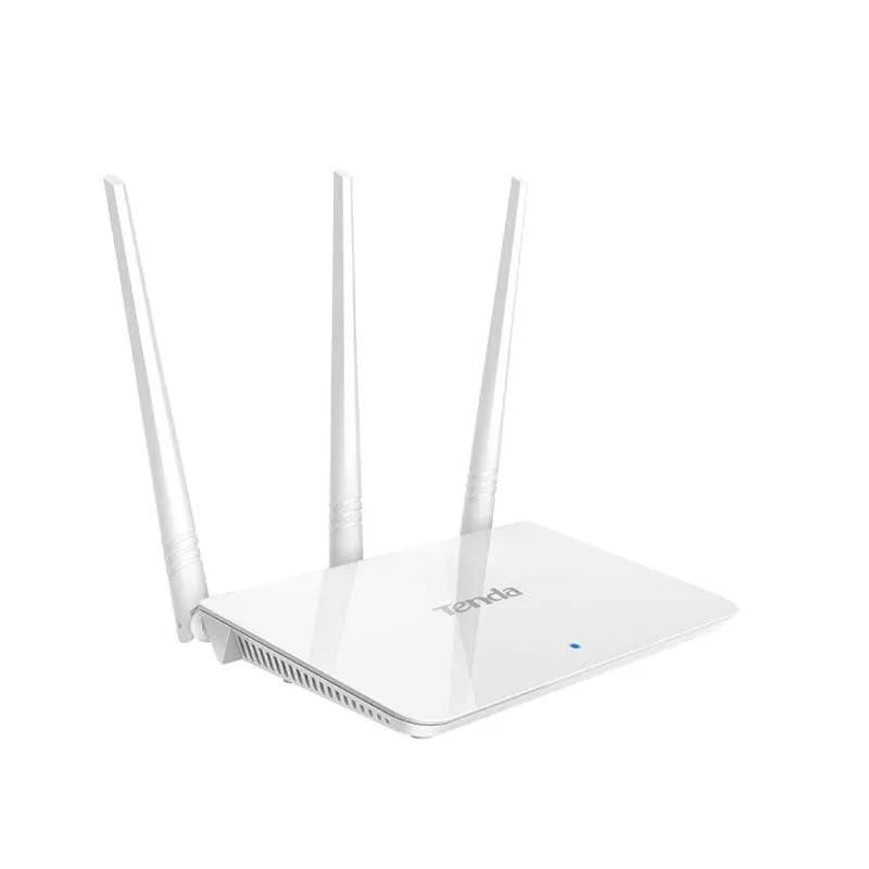 White rectangular dual-band wireless router with status lights, shown on a wooden surface.