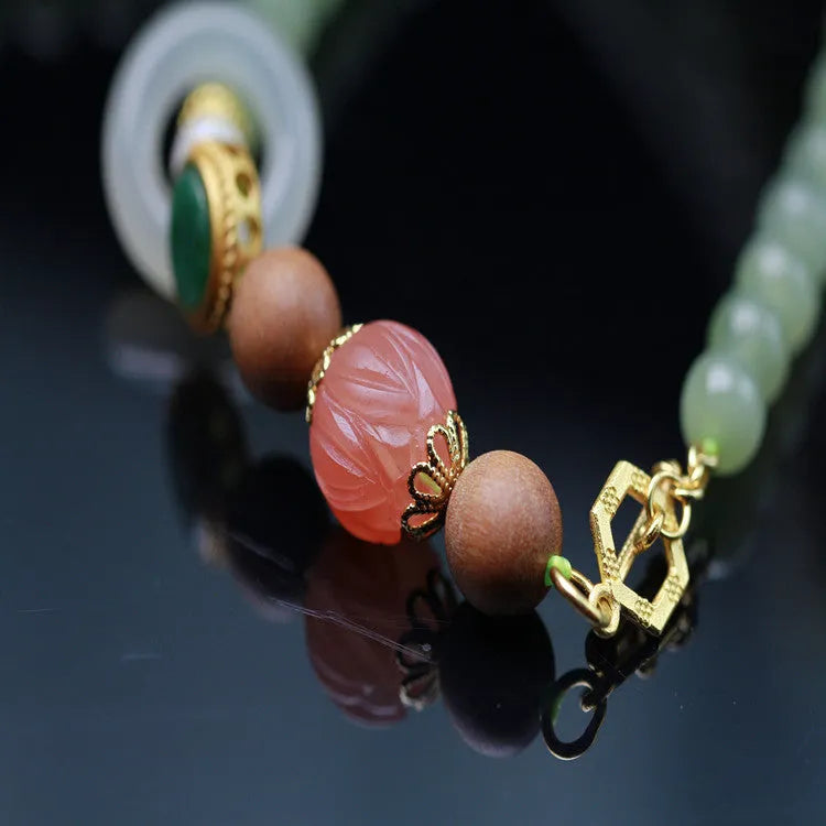 Natural Hetian jade hand red lotus beads necklace with white sandalwood beeswax elements and matching bracelet