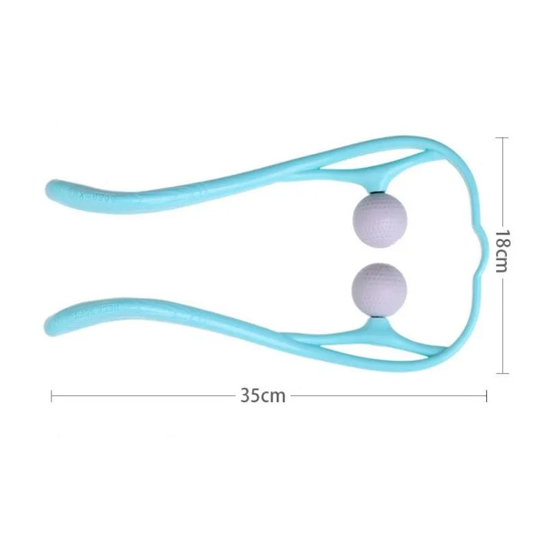 Blue plastic swan-shaped neck massager hand roller with 3D floating points on a white background.