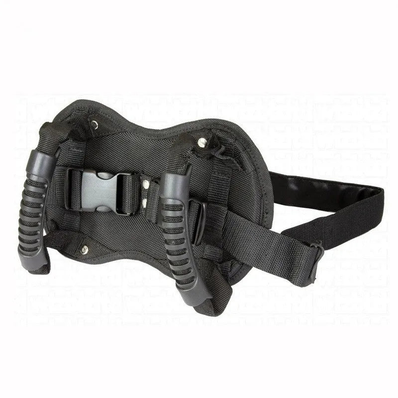 Black motorcycle back seat safety handle armrest with adjustable waistband and breathable mesh padding