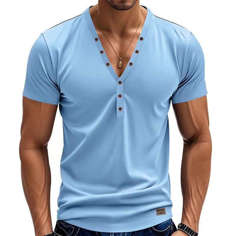 Men's loose fit V-neck pullover top with button design in light blue colour