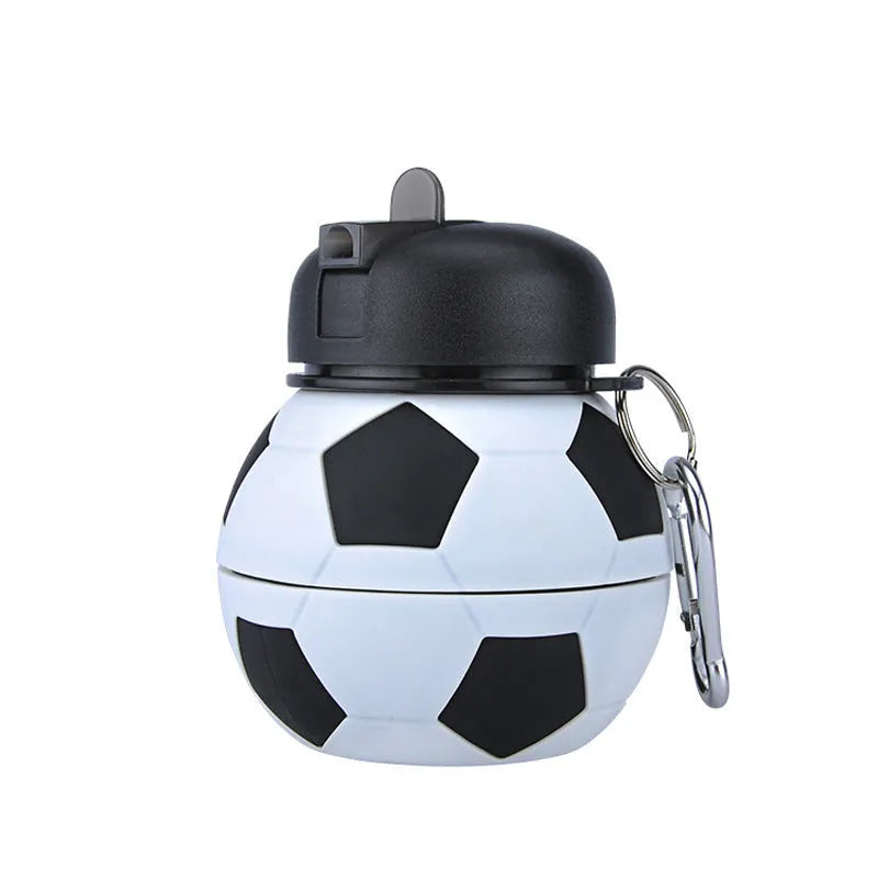 White football silicone collapsible water bottle with straw, 18oz BPA-free, leak-proof spout and carrying clip